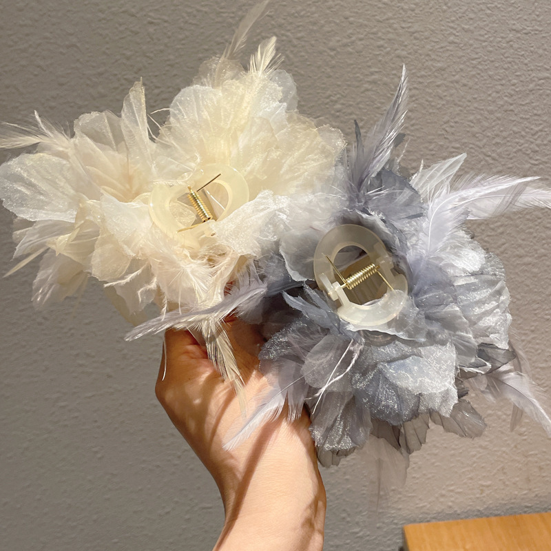 国潮系列网纱羽毛蝴蝶结抓夹公主头发夹女后脑勺大号鲨鱼夹超仙发饰高级感详情1