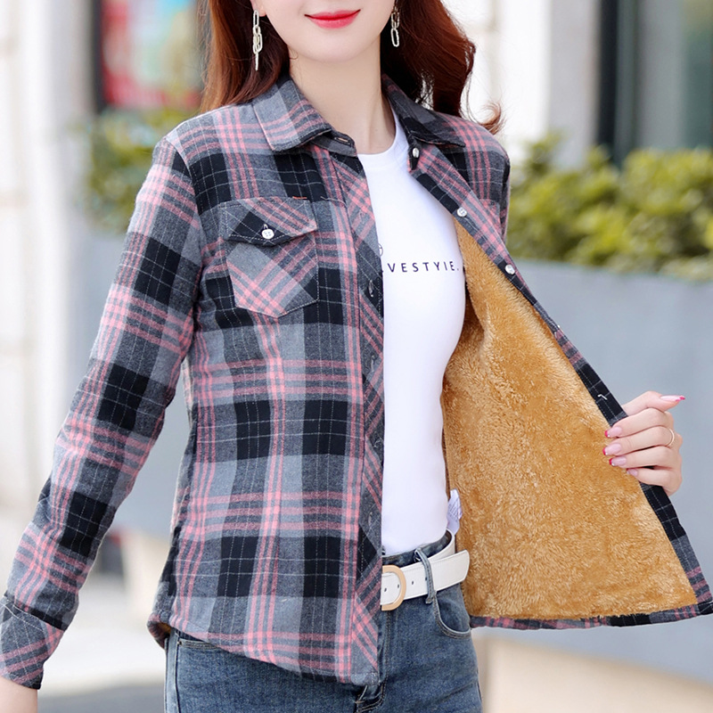 秋冬新款中老年加绒加厚防寒格子长袖衬衫外套女收腰显瘦保暖上衣详情7