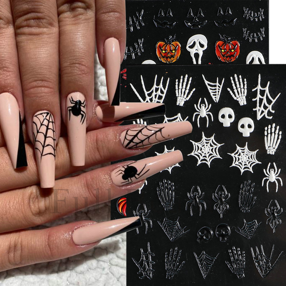 Wholesale of new cross-border 5D relief three-dimensional nail stickers, spider web pumpkin skull Halloween nail stickers, shanilak pic 7