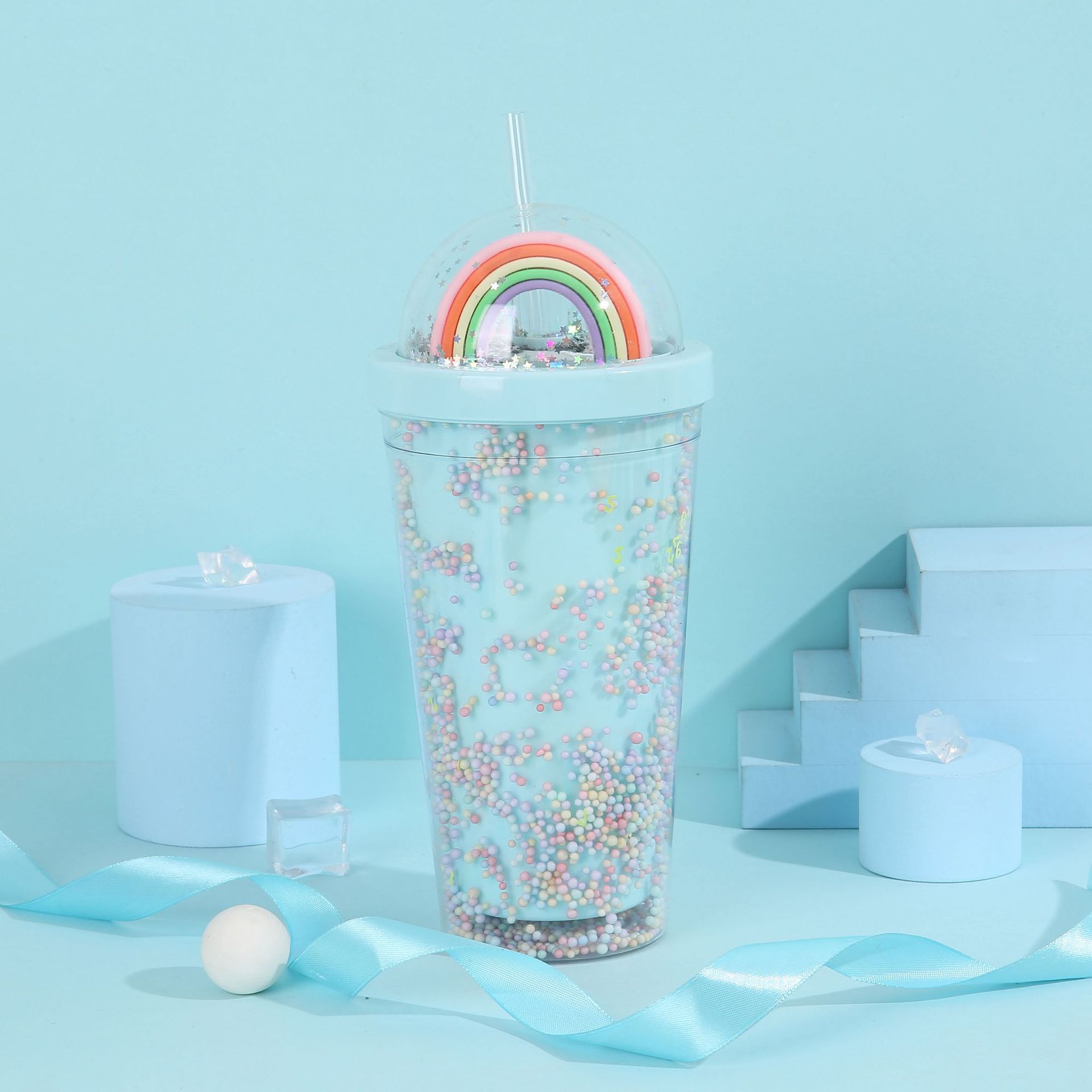 Student foam seven-color plastic cup, outdoor portable and cute water cup, Internet celebrity high appearance level creative rainbow straw cup pic 9