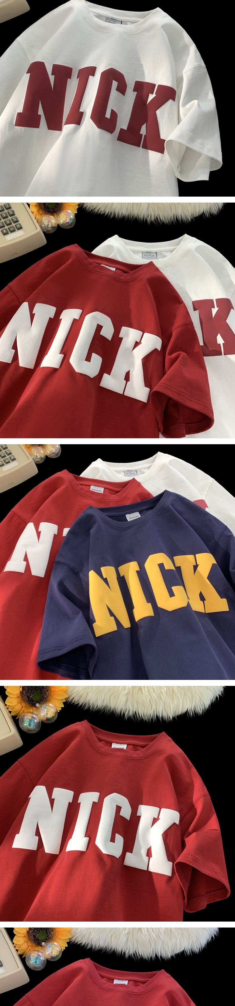 港风字母发泡短袖半袖T恤美式百搭复古红色宽松潮流印花ins美式详情3