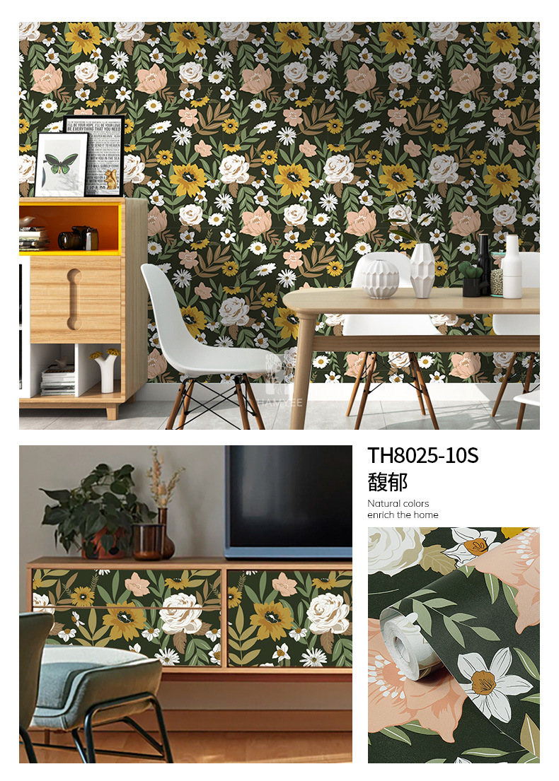 跨境加厚花卉墙纸PVC壁纸自粘卧室装饰防水墙布自贴批发wallpaper详情22