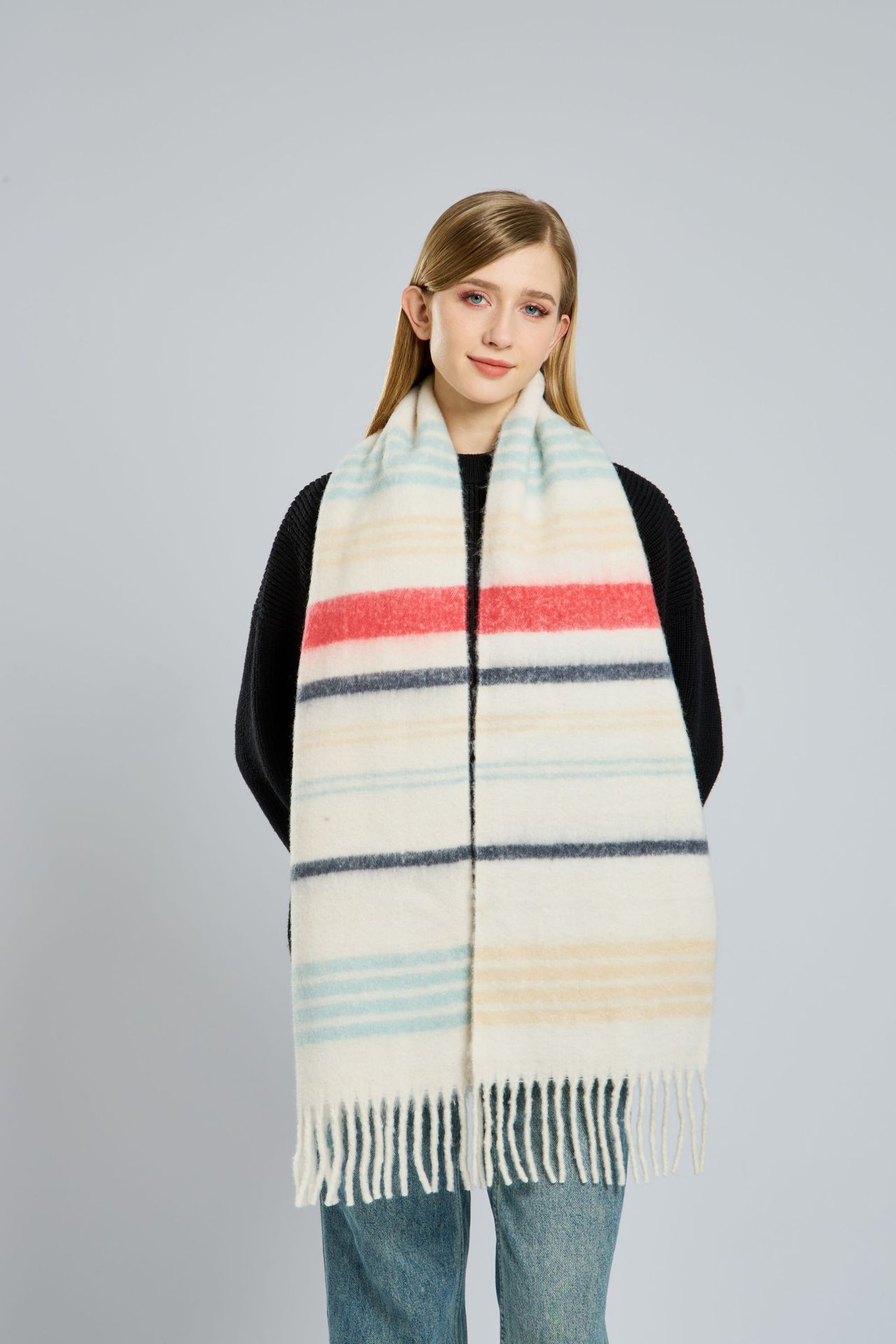 Korean-style knitted woolen scarf for women, thickened mohair for autumn and winter, warm in winter, versatile scarf, red shawl pic 4