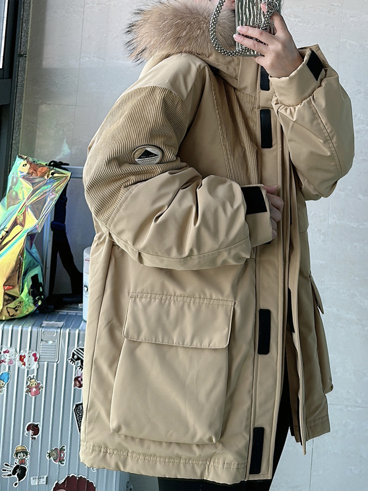 High-quality American retro outdoor workwear for couples, thickened white duck down, detachable genuine fur collar Parker down jacket pic 6