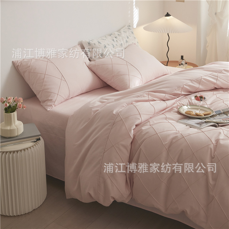 Wholesale of high-quality three or four-piece sets of washed cotton 40-count hand-knitted rhombus-shaped checkered plain pure cotton bedding pic 9