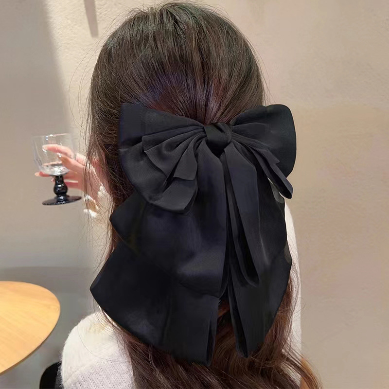 French-style black silk satin, extra-large bow ribbon hair clip, spring clip, back of the head, claw clip hair clip headwear pic 15