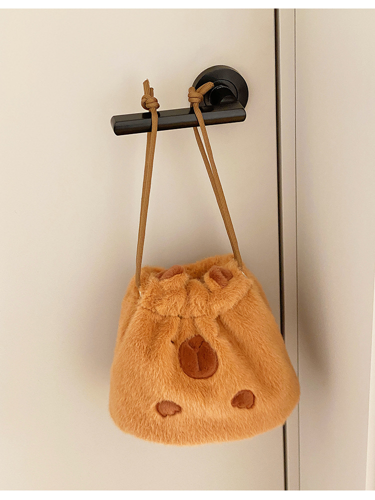 ✅ Cute plush kapibara drawstring pocket travel cosmetics camera polaroid storage bag hand pic 6