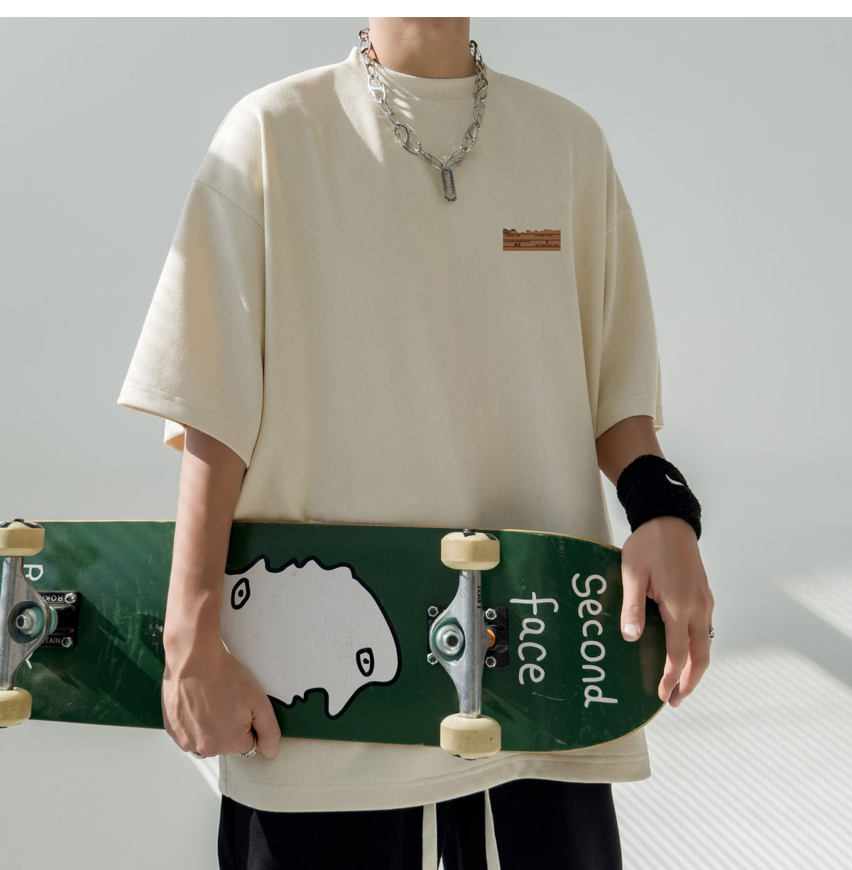 简恒咖色重磅美式复古男士短袖t恤夏季男款百搭仿麂皮绒定制T恤潮详情10