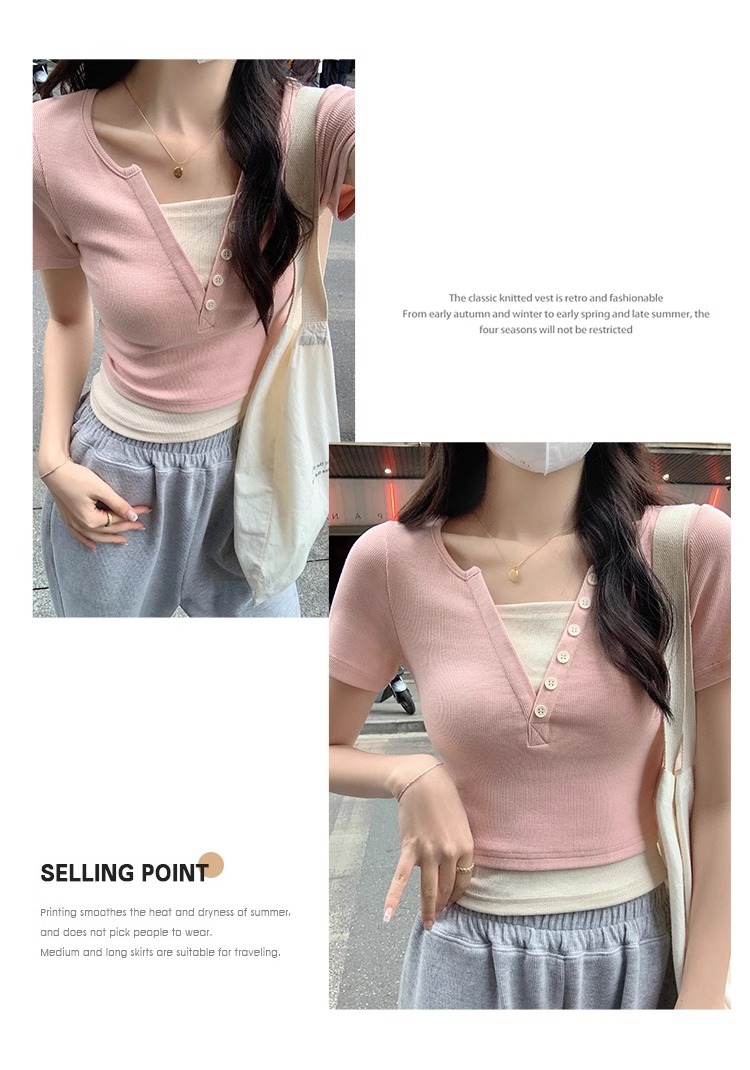 Pink V-neck off-the-shoulder T-shirt for women, short sleeve, new spring and summer style, two-piece design, slim and short, pure and sensual pic 13