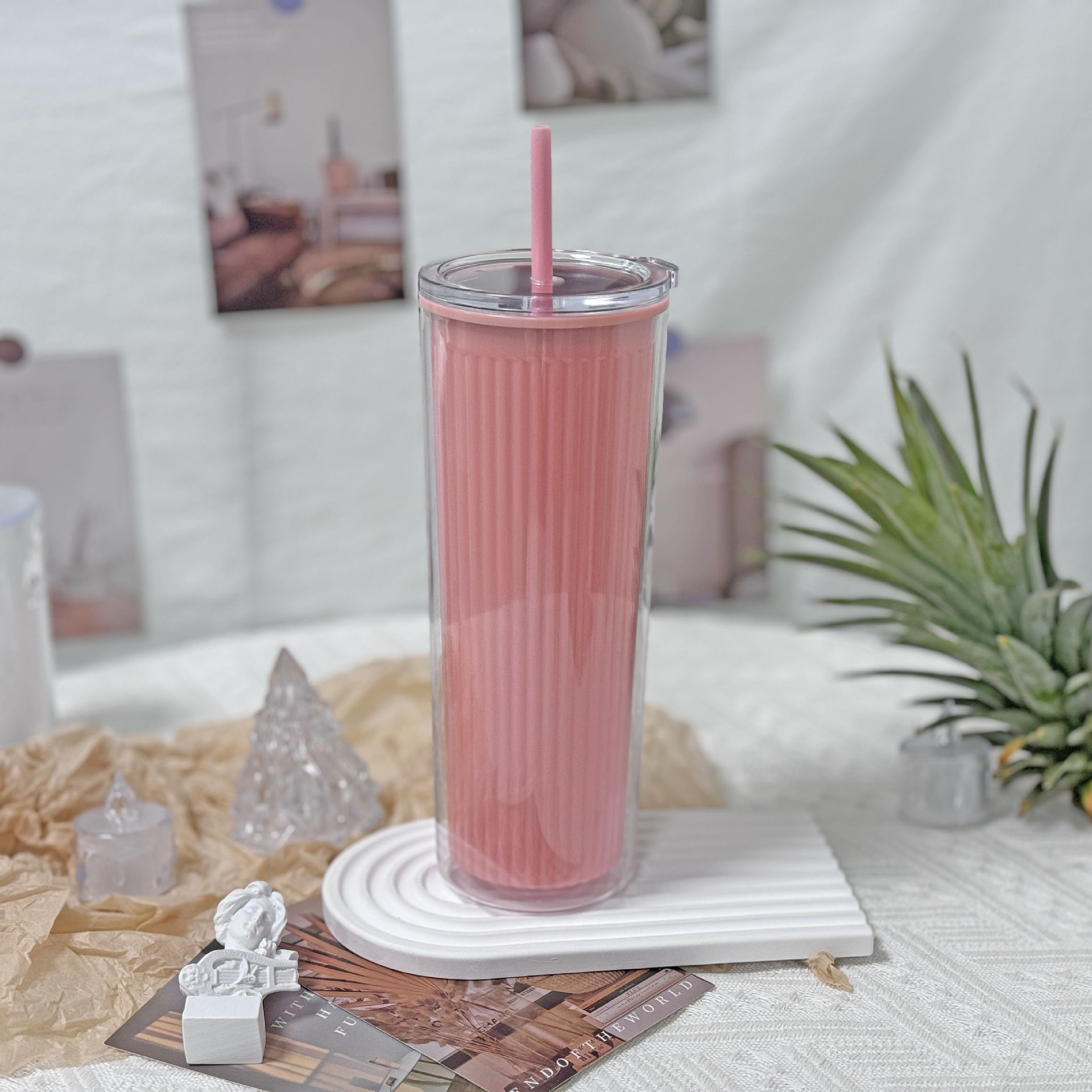 Wholesale of new summer internet-famous couple cups, plastic straw cups, and large-capacity plastic water cups for export with vertical patterns and straight bodies pic 20