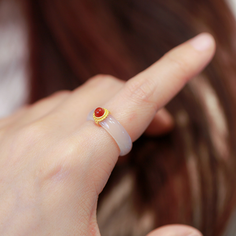 A natural white agate ring with chalcedony, set with S925 silver and inlaid with red agate from the south, is a retro Chinese style jewelry pic 5