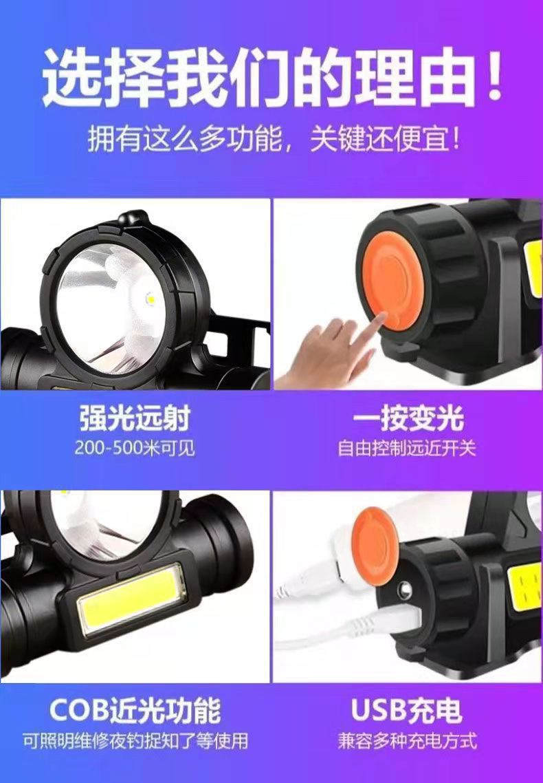 New cross-border XPE+COB dual-source strong headlight, USB charging fishing light, outdoor head-mounted mini headlight pic 4