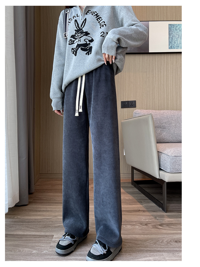 秋冬新款欧棉绒阔腿裤女高腰显瘦宽松抽绳百搭直筒垂感口袋休闲裤详情28