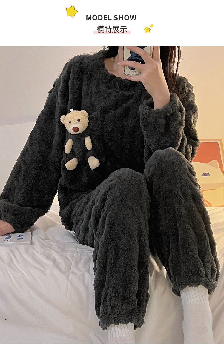 秋冬季女士法兰绒睡衣女冬款长袖加厚加绒可爱女生家居服套装详情26