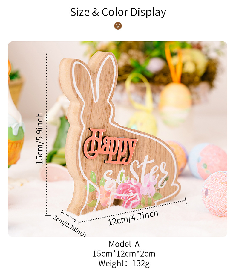 Cross-border new Easter decorations, wooden Easter rabbit figurines, cartoon 3D rabbit gifts pic 3