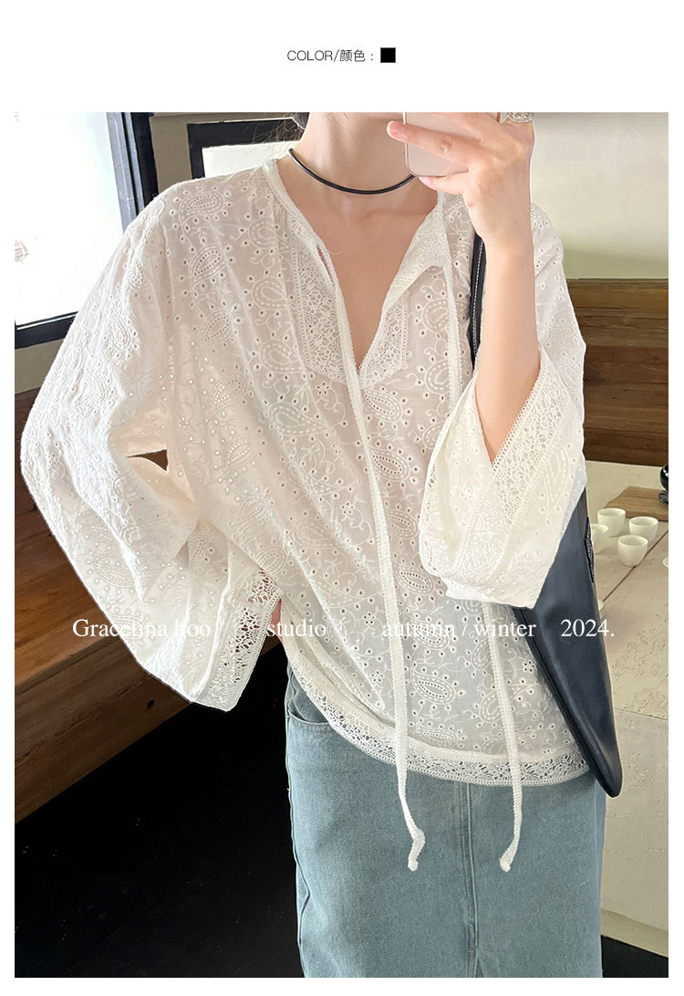 The First batch of 13 Factories 2024 early autumn new Korean version pure cotton embroidered lace V-neck slimming pullover sun-protective shirt for women pic 11