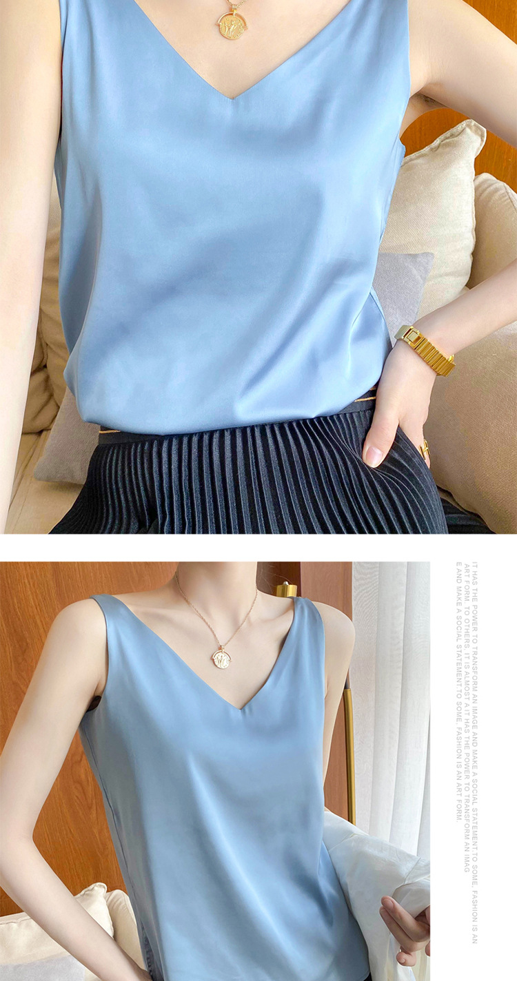 Chaleco halter mujer verano cuello V traje interior y exterior chaleco de seda polainas blancas satén morera seda halter mujer pic 13