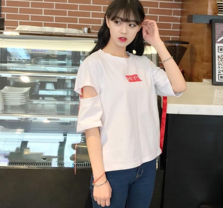 Loose and slimming woven strap letter-printed perforated T-shirt for women, versatile top HEY mid-sleeve pic 2