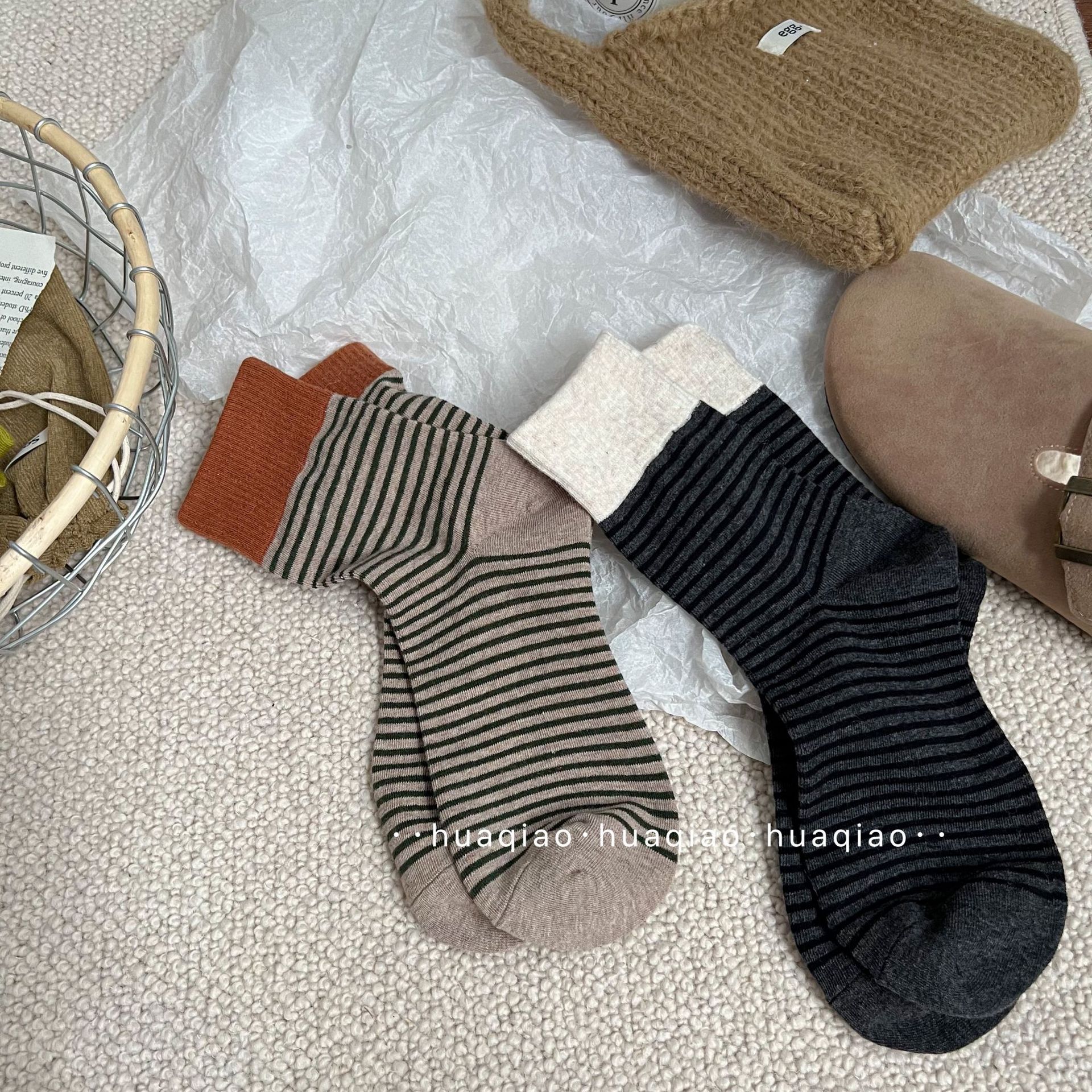 美拉德ins东大门撞色罗口条纹袜秋冬季堆堆袜休闲中筒袜女生袜子详情14