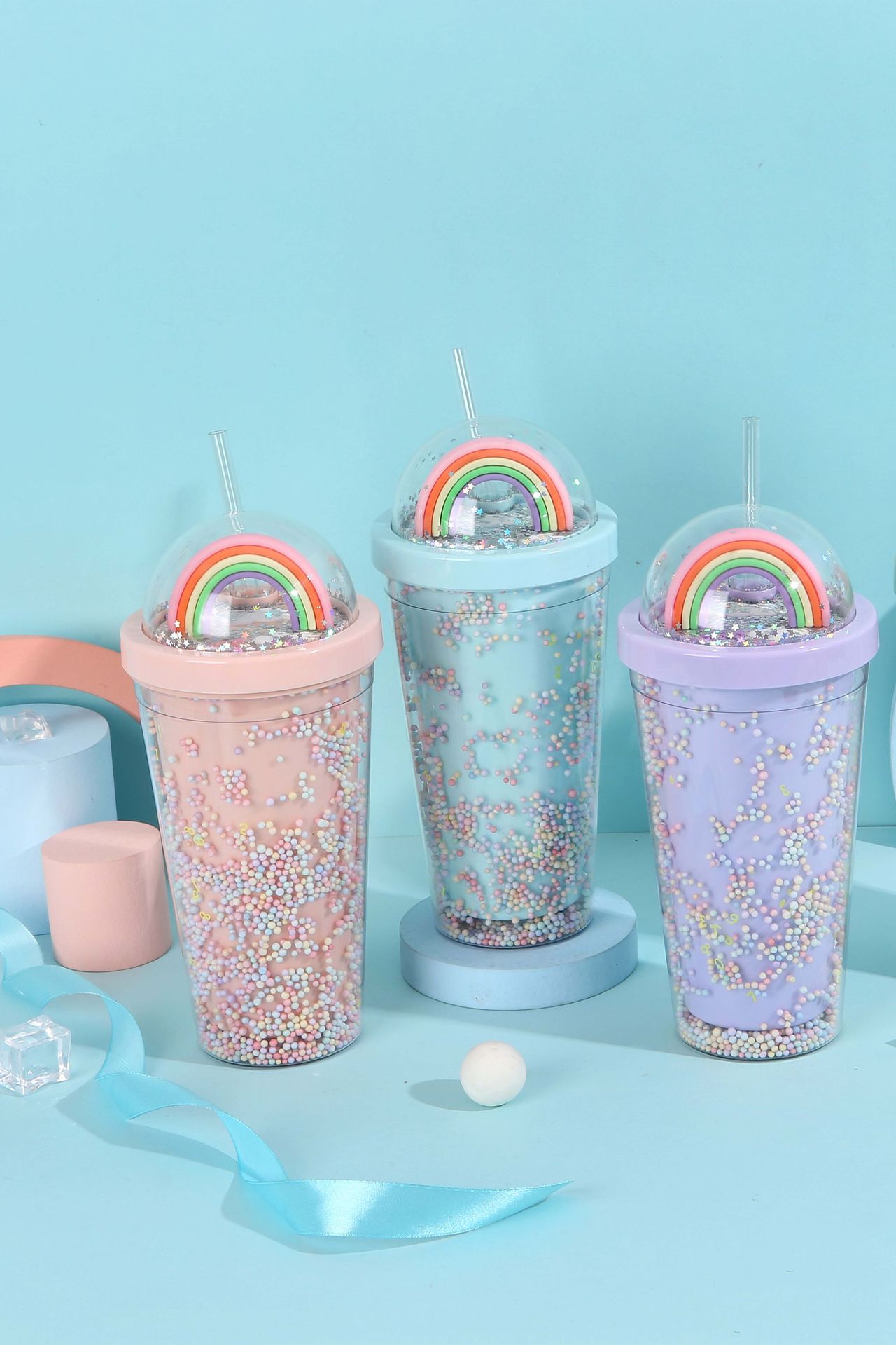 Student foam seven-color plastic cup, outdoor portable and cute water cup, Internet celebrity high appearance level creative rainbow straw cup pic 6