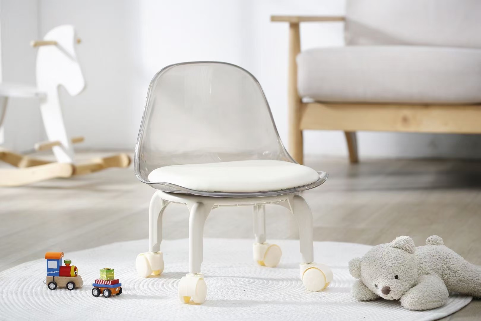 The popular small stool, universal wheel, sliding wheel, low stool, a must-have for kids, acrylic transparent baby walking stool pic 2