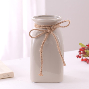 生产批发灰色陶瓷花瓶三件套带麻绳蝴蝶结文艺小清新花器摆件小号详情1