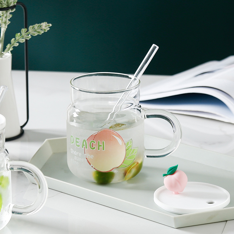 Creative large-capacity fruit glass water cup, cute in summer, high appearance level, covered straw, home drinking cup pic 6