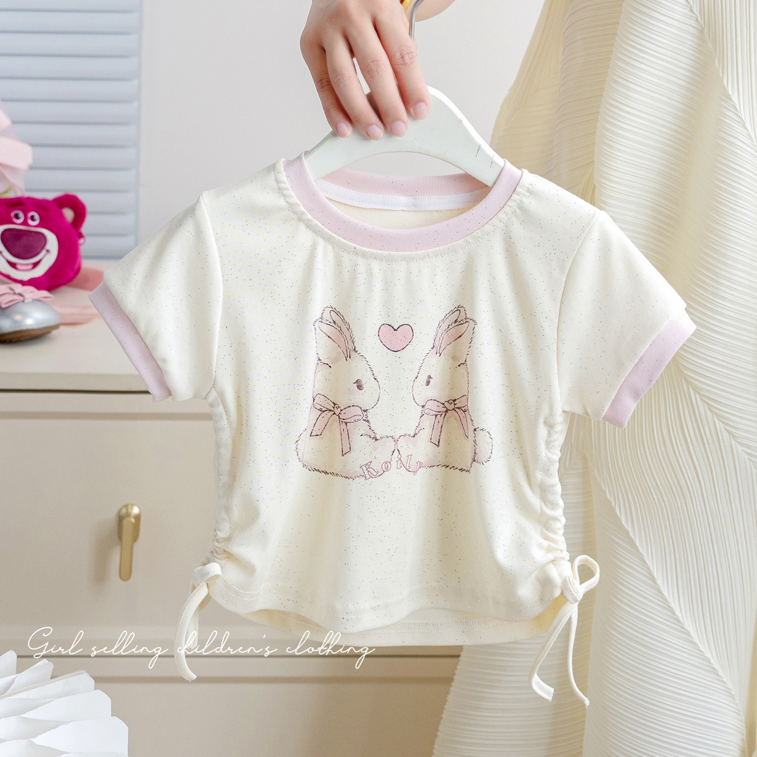 女童夏季短袖韩版2024新款儿童纯色卡通T恤女宝宝抽绳半袖上衣潮详情8