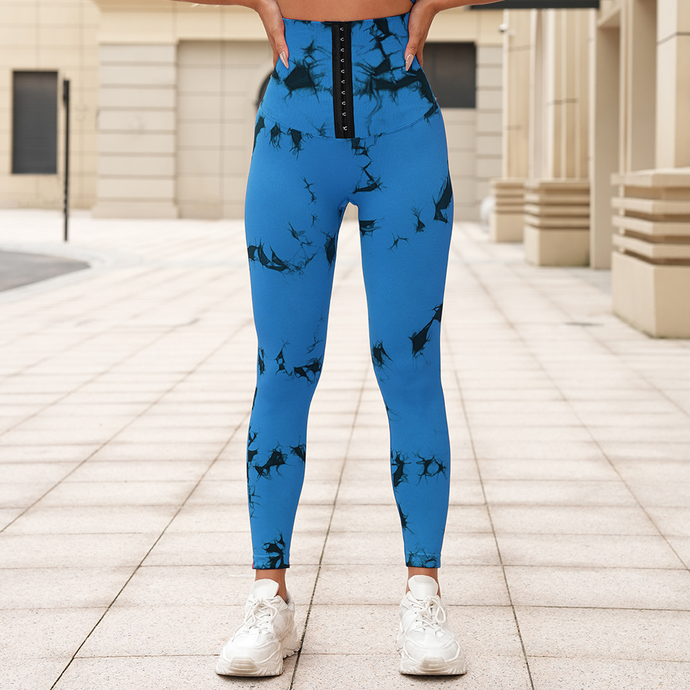 新品无缝扎染瑜伽裤高腰收腹排扣紧身裤提臀健身裤跑步塑身运动裤详情30