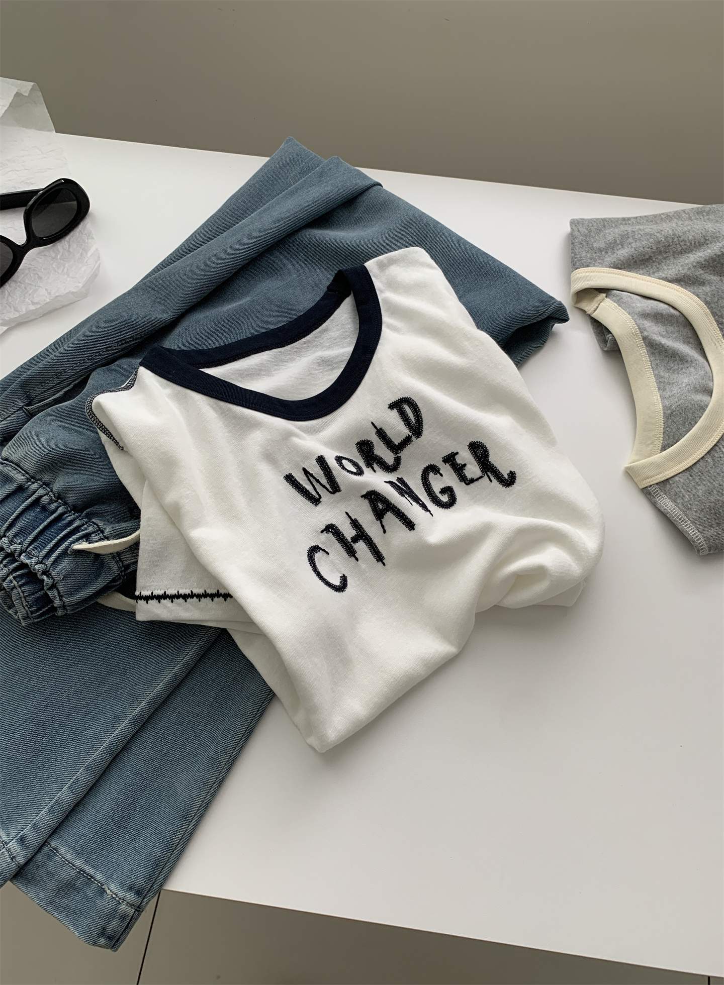 Summer thin, breathable snowflake cotton letter-shaped T-shirt for women, color-blocking round-neck lace embroidered loose short-sleeved top pic 21