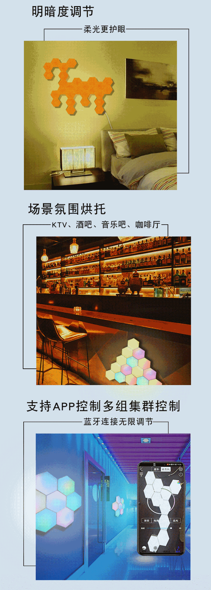 Wall lamps, quantum lamps, ambient lamps, hexagonal quantum lamps, Bluetooth APP control, splicing lamps, USB lamps, rhythm lamps pic 6