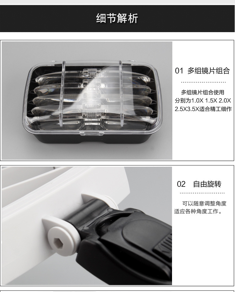LED light 9201 head-mounted glasses, high-definition acrylic multi-magnification lenses, reading electronic repair magnifying glass pic 2