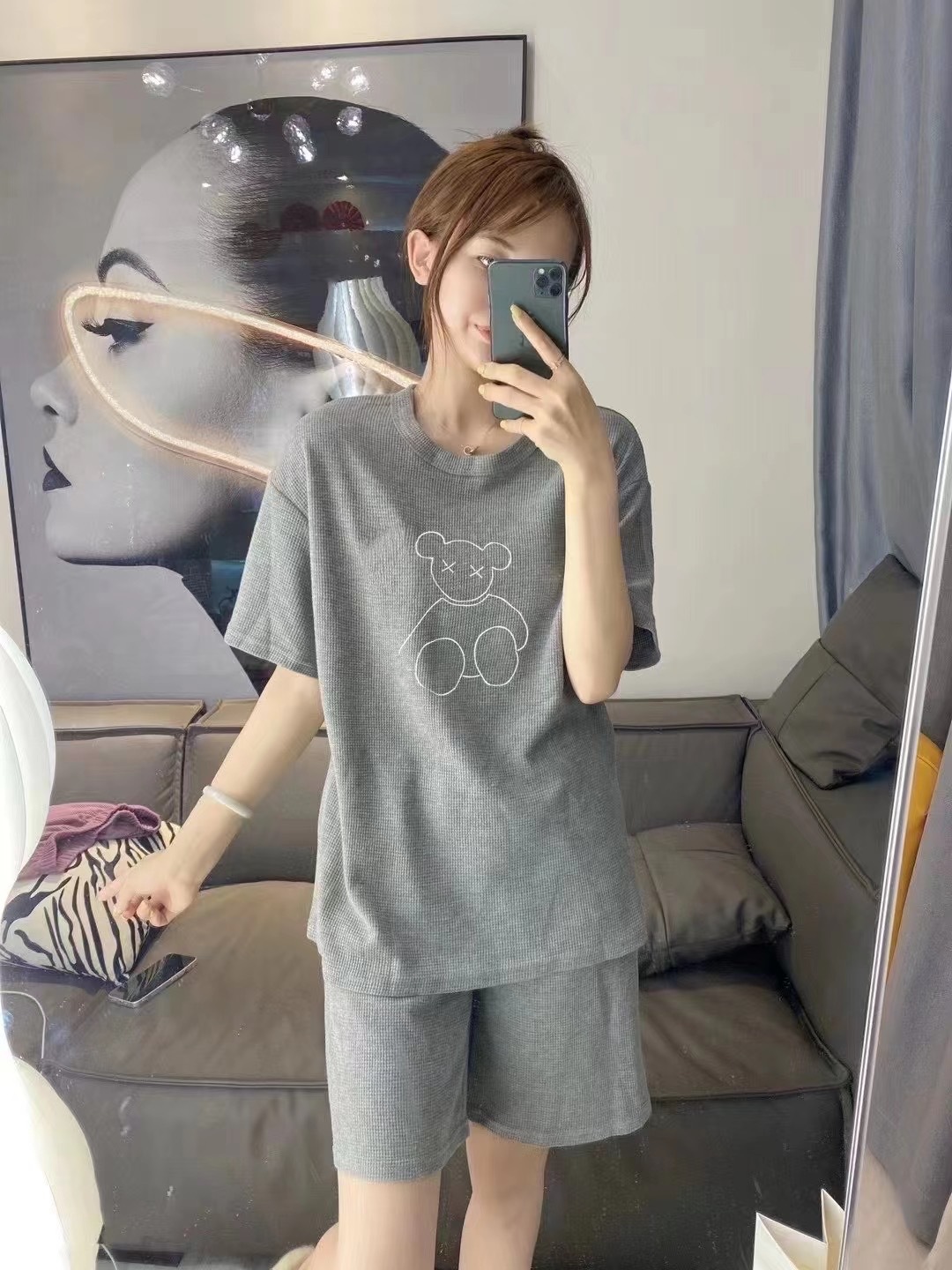 Waffle Bear Set 2022 New Fashion Embroidered outerwear, home wear, short-sleeved, trendy shorts, two-piece set for women pic 14