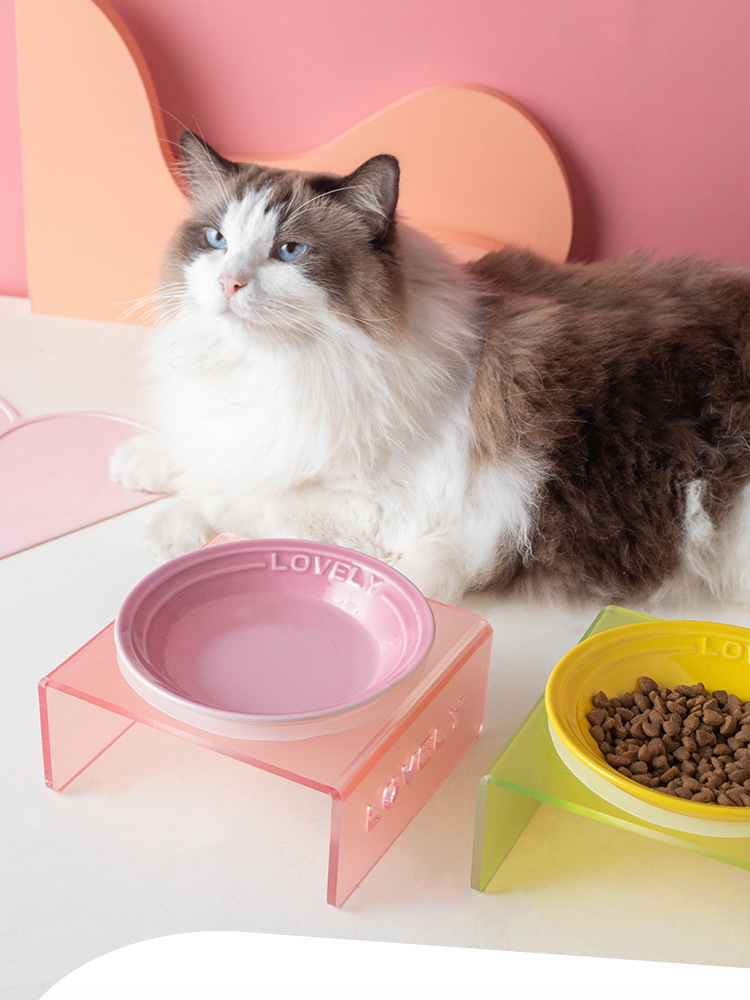 Cool color plate, Nordic-style ceramic pet bowl, multiple colors to choose from, cat and dog food bowl, water bowl, acrylic stand design, selected pet supplies, Kung Fu tea set style pic 9