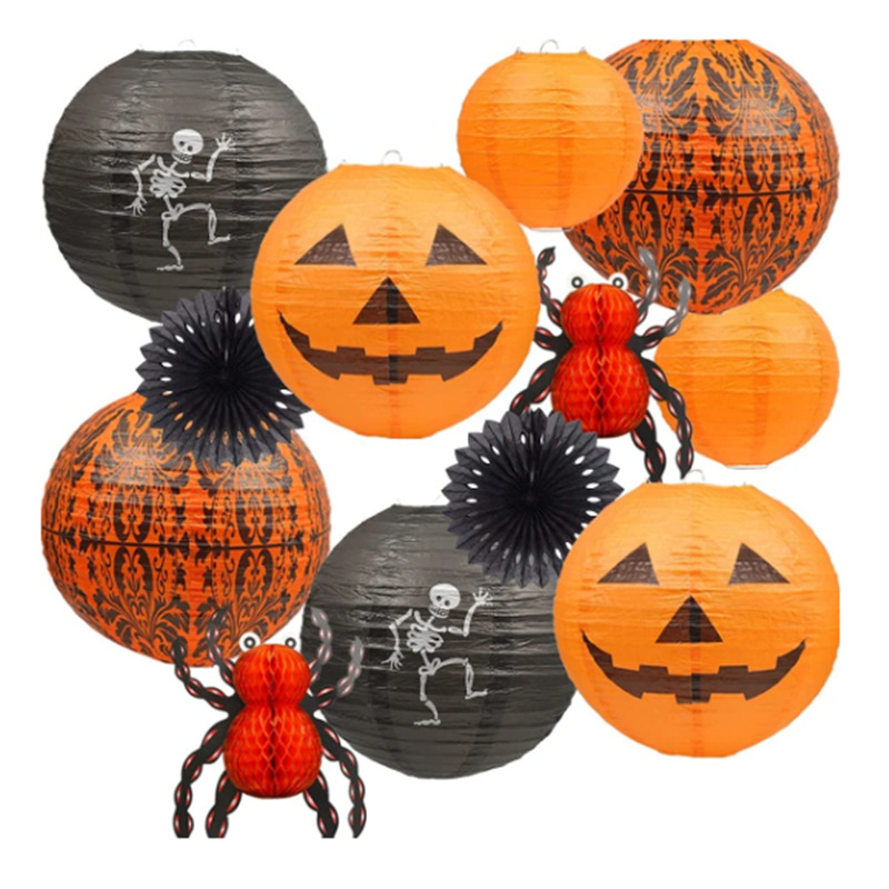 Cross-border party decoration: Halloween Pumpkin, Spider, bat, lantern, paper fan flower, spiral pendant, Party set pic 1
