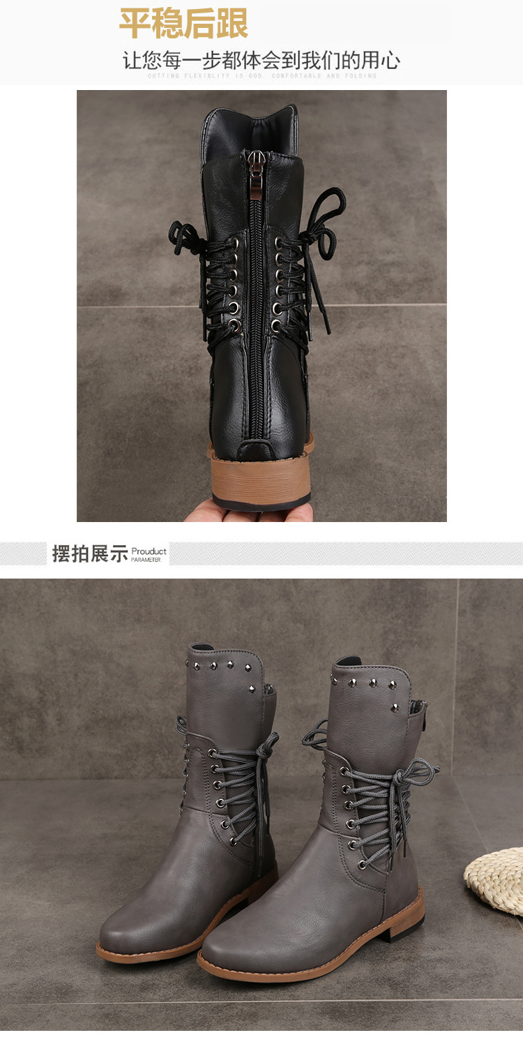 跨境外贸中筒靴女秋冬新款欧美柳钉低跟骑士靴纯色后拉链女式皮靴详情4