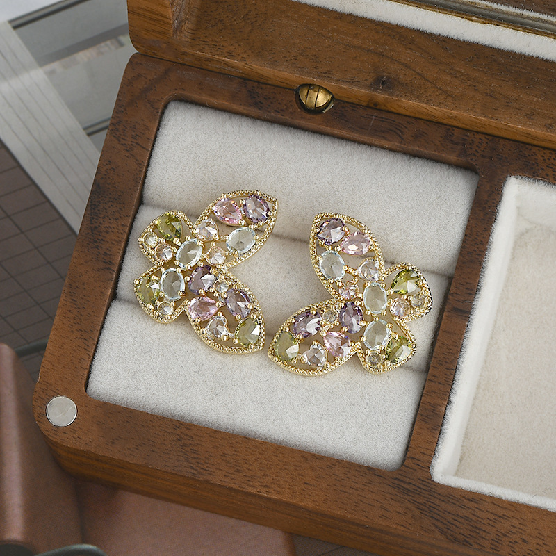 复古法式镶彩色锆石耳饰品女S925银针小众设计感蝴蝶耳钉百搭耳坠详情9
