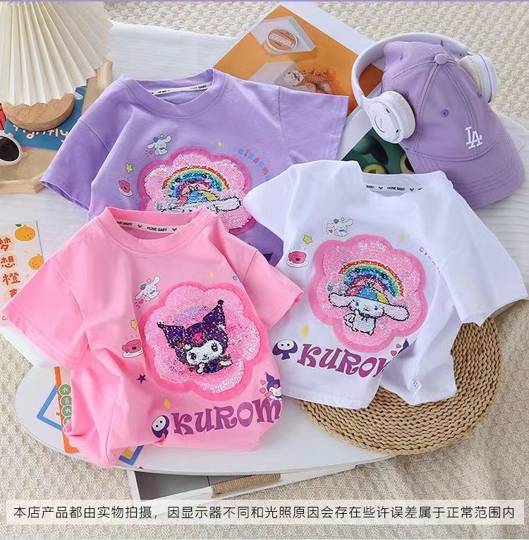 女童t恤短袖纯棉夏季2024新款爆款洋气变色库洛米亮片女孩可爱详情4