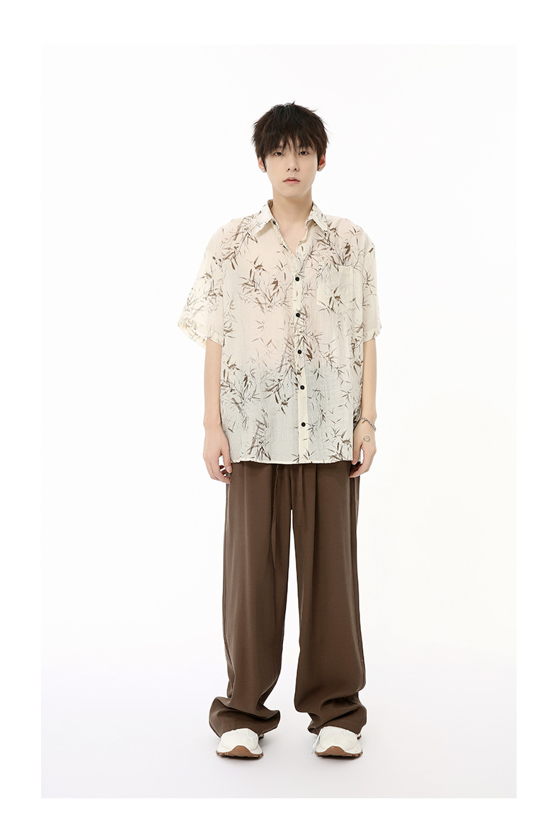 MTLCLOTHES男装|2024夏款新品 新中式国风薄款竹叶慵懒短袖衬衫潮详情11