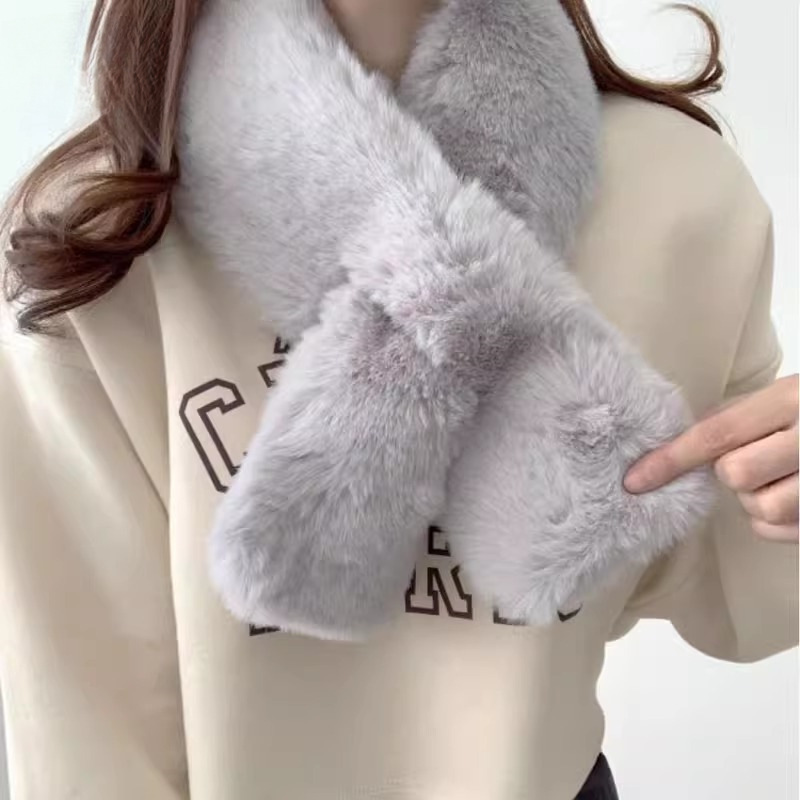 2024新款毛绒围巾女冬季韩版百搭保暖围脖学生加厚交叉脖套仿兔毛详情12