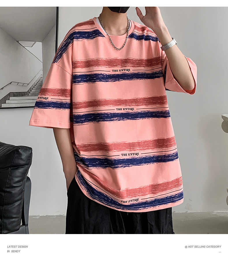 全棉条纹短袖T恤男2024港风青少年百搭宽松五分袖纯棉体恤衣服潮详情8