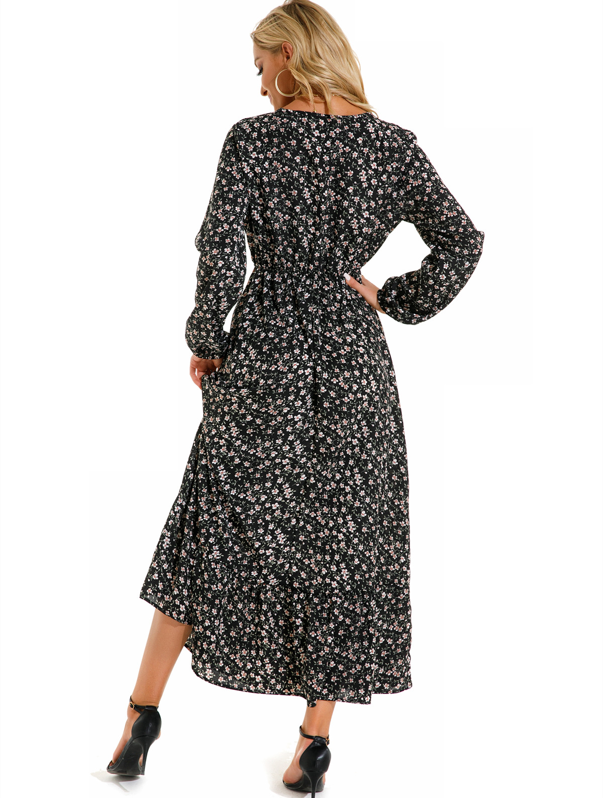 European and American floral long, round-neck, long-sleeved, waist-cinching and slimming dress pic 76