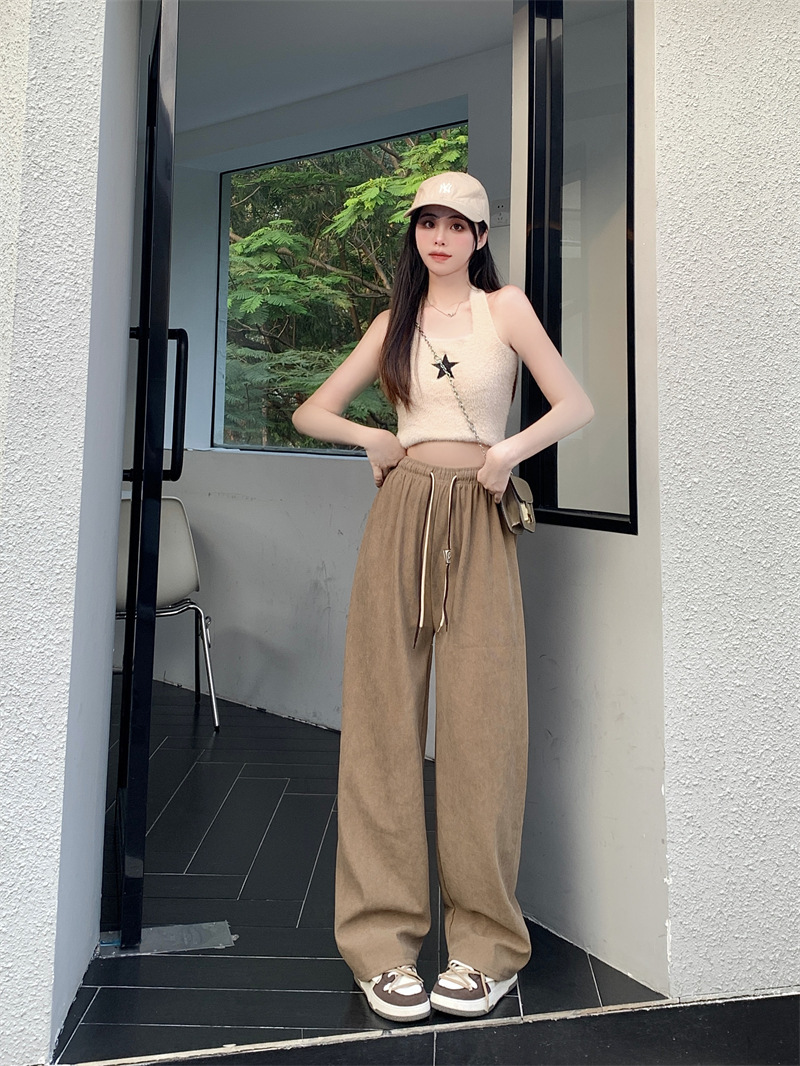 Corduroy ultra-fine corduroy wide-leg pants for women, new autumn style double drawstring smiling face belt casual pants, high-waisted straight-leg pants pic 5