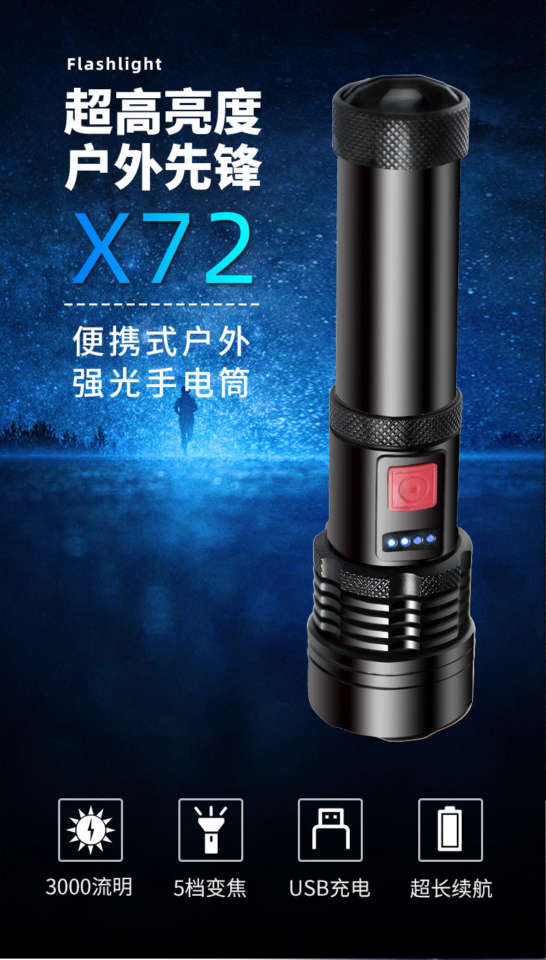 新款跨境P50LED手电筒电量显示多功能调焦可充电远射户外手电批发 pic 1