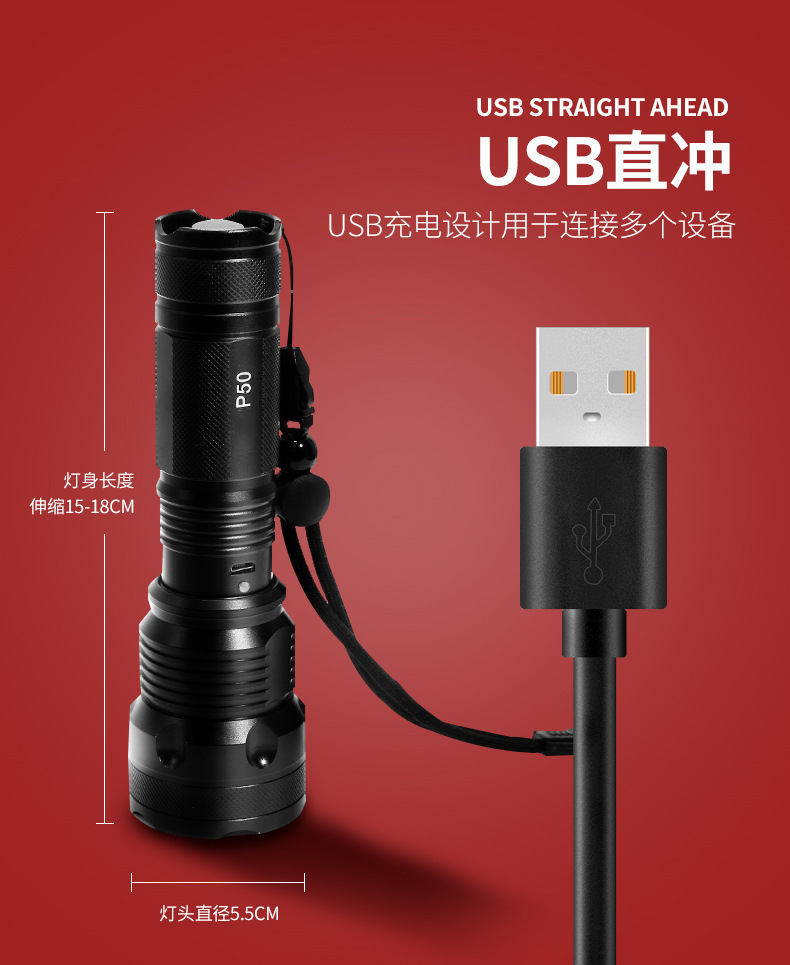 P50 high-intensity flashlight USB charging aluminum alloy outdoor safety hammer of Category Two, wholesale from Luban e-commerce source manufacturer pic 7