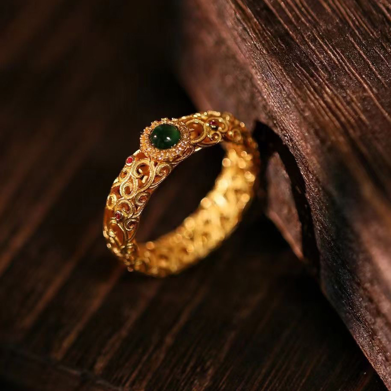 Natural jade A-grade carved ring for men and women, 925 silver thread inlaid with ancient method hollowed-out ring, retro court style pic 11