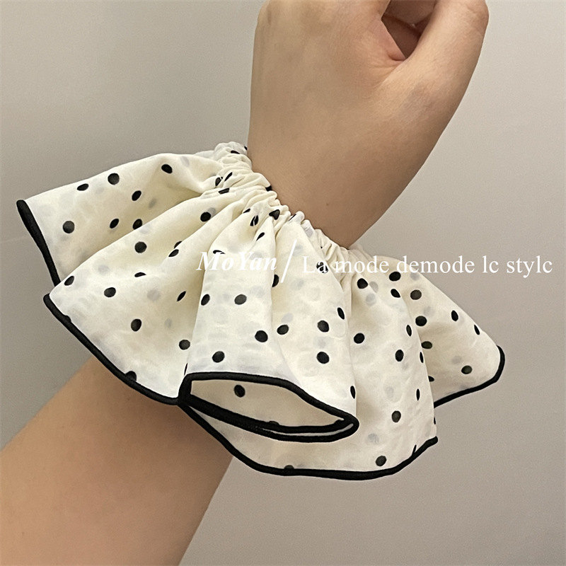 Double-layer white large polka dot large intestine hair band, elegant retro edge hair tie, French simple and elegant hair flower hair tie pic 7