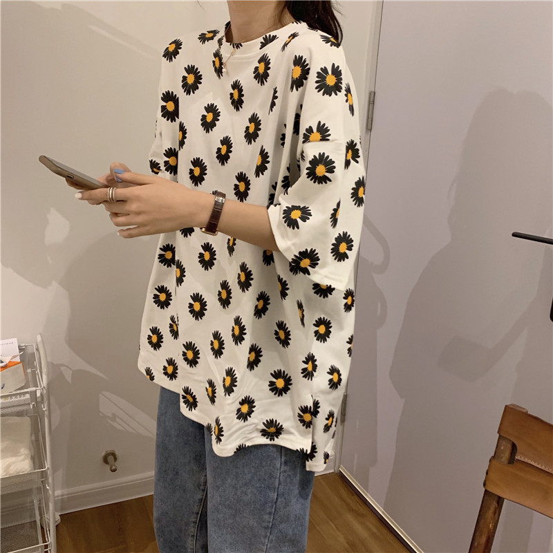 Amazon cross-border, loose and popular small Daisy split short-sleeved T-shirt for women pic 1