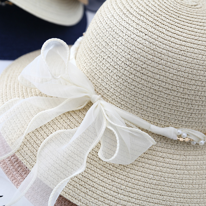 Sombrero de playa de encaje francés con correa de cola grande sombrero de playa paseo marítimo sombrero de paja mujer protección solar versátil moda strass sombrero de pescador pic 13
