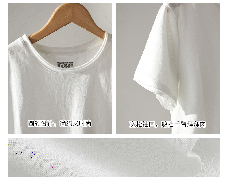 A new Korean-style small round neck, high-end design, off-the-shoulder short-sleeved T-shirt for women, versatile, loose snowflake cotton, slimming top pic 14